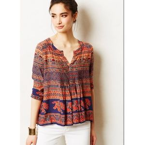 Anthropologie Navy and Orange Printed Peasant Blouse